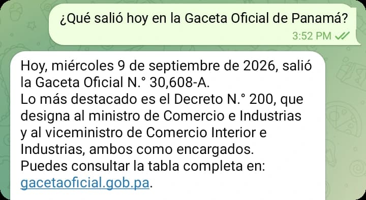 Consulta a RAFI por Telegram sobre la Gaceta Oficial de Panamá del día