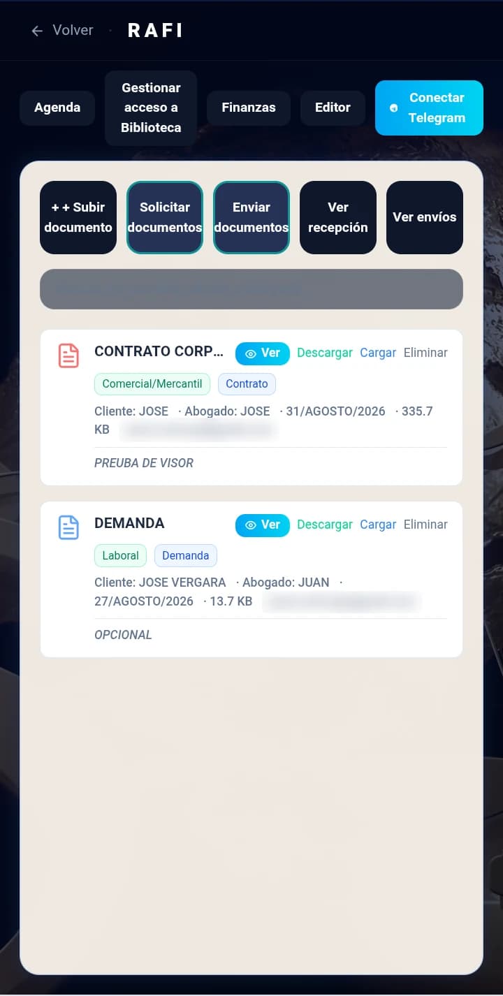 Biblioteca privada de RAFI en celular, con envío y solicitud de documentos